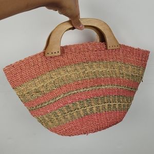 Vintage Straw Woven Bag‎ in Pink with Yellow Green Stripes